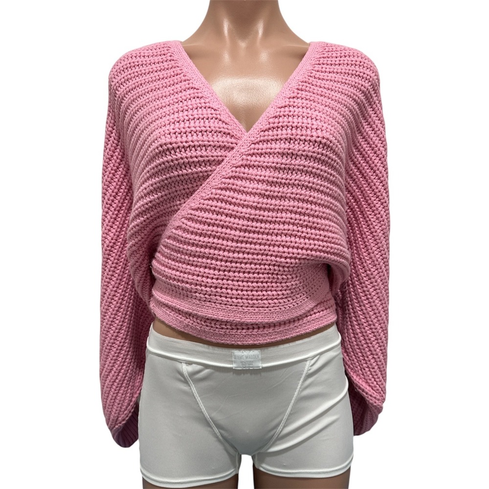 Zara Wrap Sweater Womens Small Pink Chunky Knit Cropped Tie Back Top